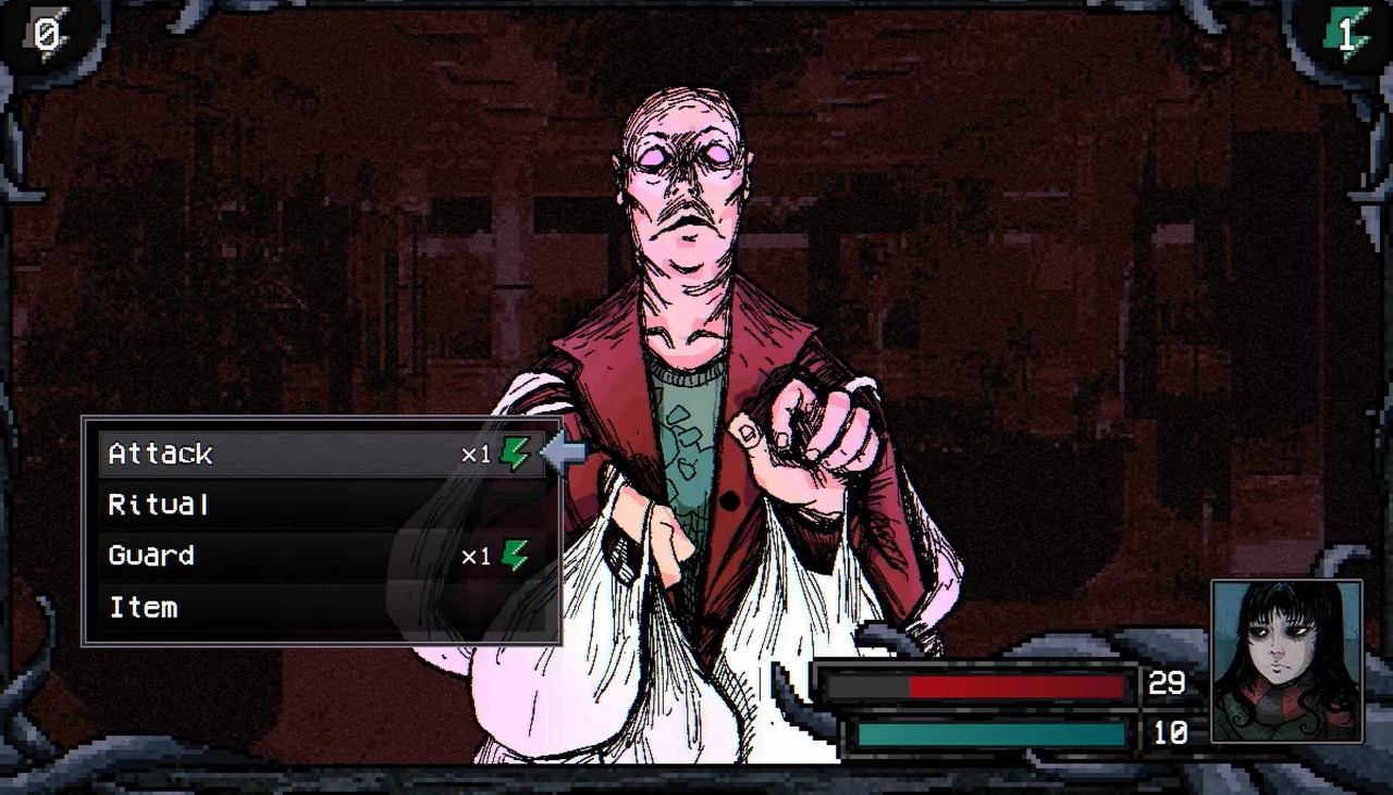 A battle screen in Welcome to Elderfield showing Attack, Ritual, Guard and Item commands with enemy health
