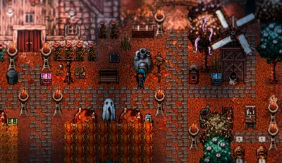 Cultivated farm plots and pumpkin crops beside the player home in Elderfield