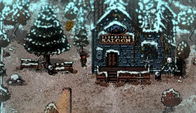 The snowy general store and townsfolk in Elderfield