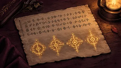 A torn occult scripture page with four glowing abstract sigils (illustration created for this wiki)