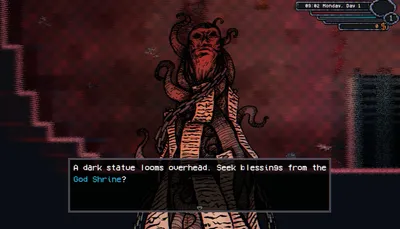 A dark statue that can be investigated during exploration in Elderfield