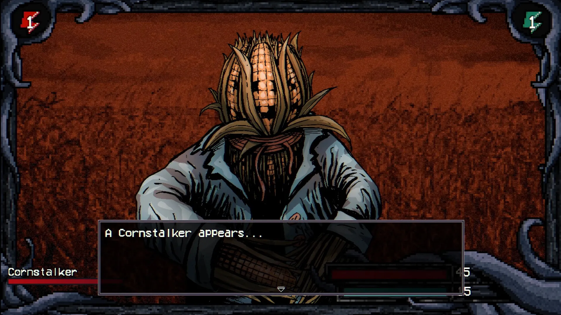 A Cornstalker appears in a battle encounter in Welcome to Elderfield