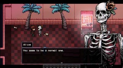 The player talking with villager Alice while a skeleton stands nearby in Elderfield