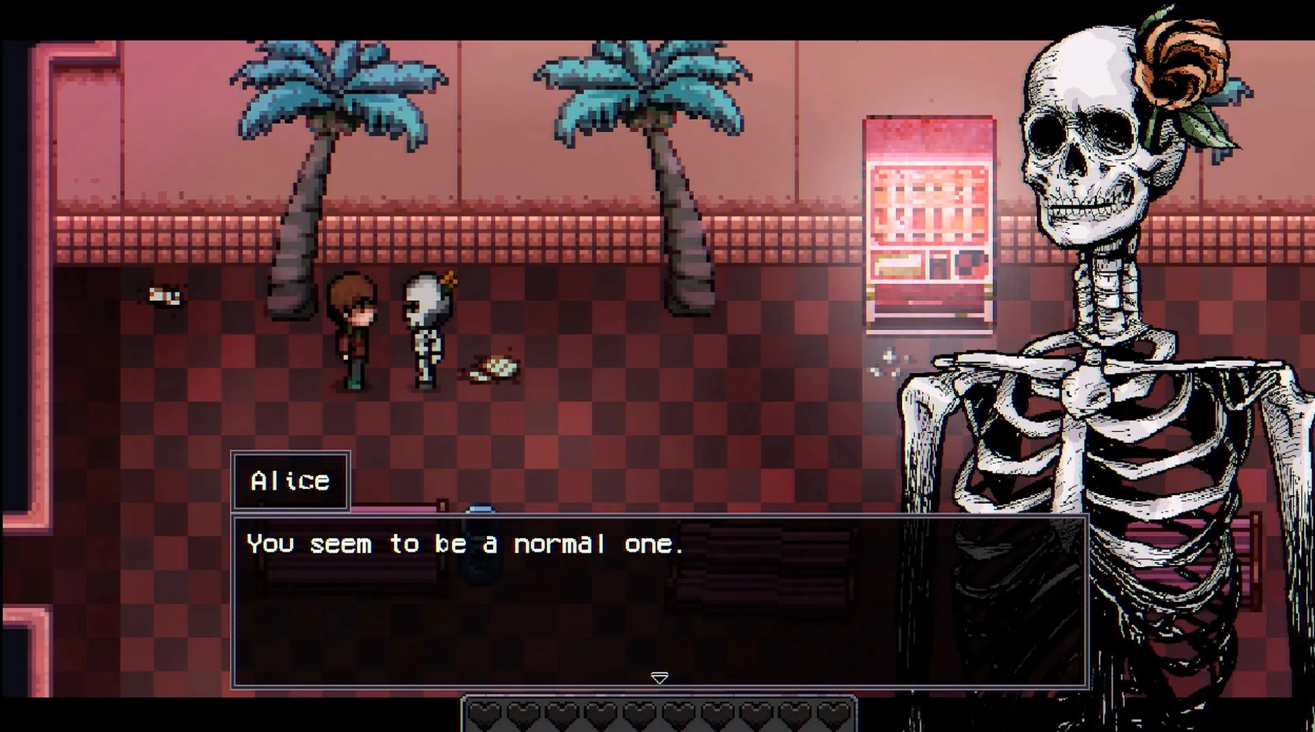 The player talking with villager Alice while a skeleton stands nearby in Elderfield