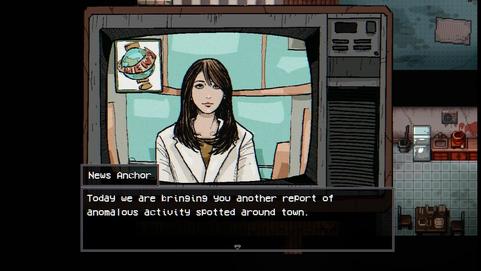 The in-game television news broadcast reporting anomalous activity in Elderfield
