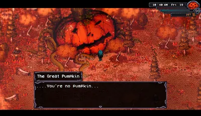 A turn-based battle against The Great Pumpkin in Welcome to Elderfield